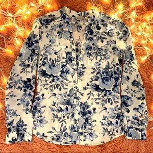 Blue Flower Curved Hem 100% Fabric Blouses